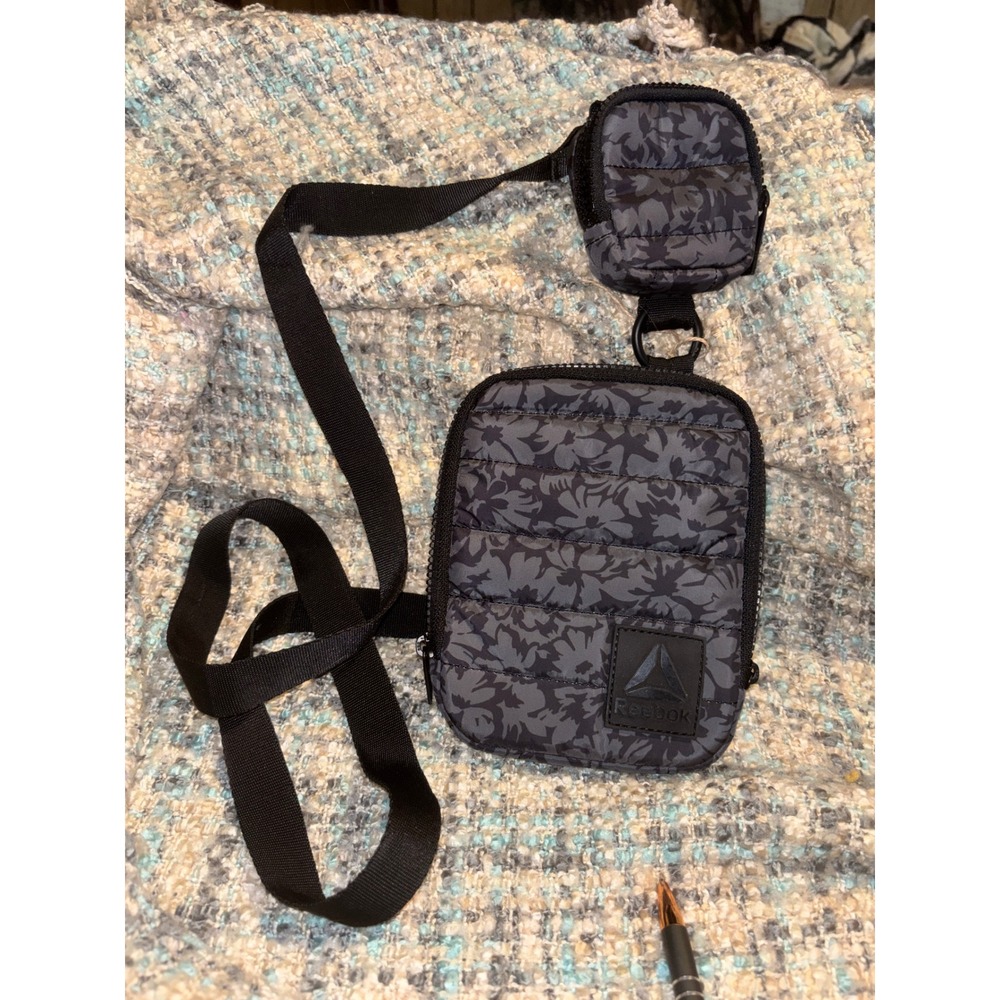 Reebok Grey Floral Puffer Crossbody Bag with Detachable Mini Pouch Utility Pouch